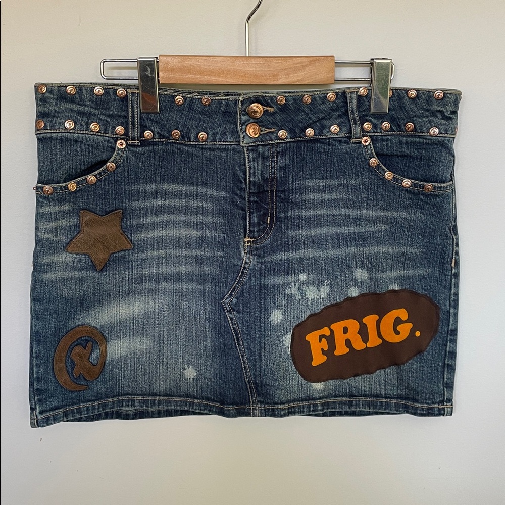 Upcycled Denim Mini Skirt with Patches and Studs